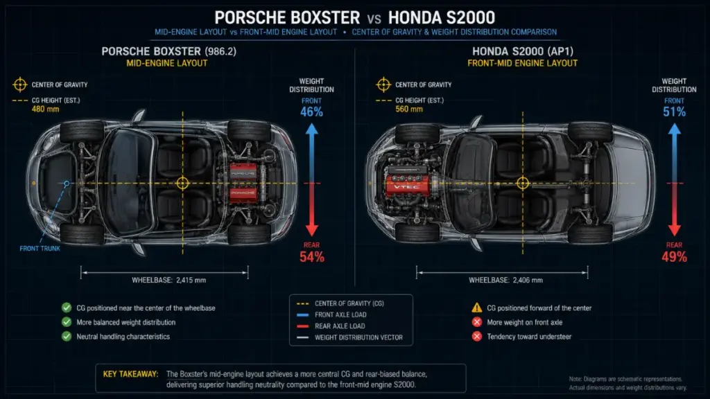 Technical diagram comparing mid engine layout of Porsche Boxster against front engine competitor chassis layout.