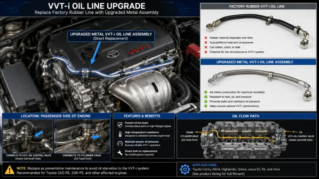 Technical diagram of the updated metal oil line in a Toyota Avalon engine bay.