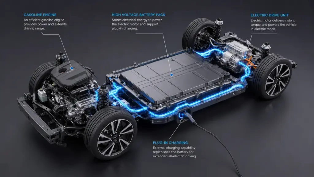 Technical infrastructure of a plug in hybrid electric vehicle.
