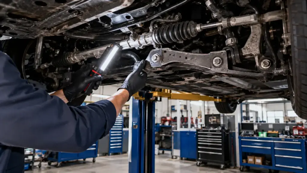 Technician inspecting the undercarriage of a pre-owned Toyota Avalon.