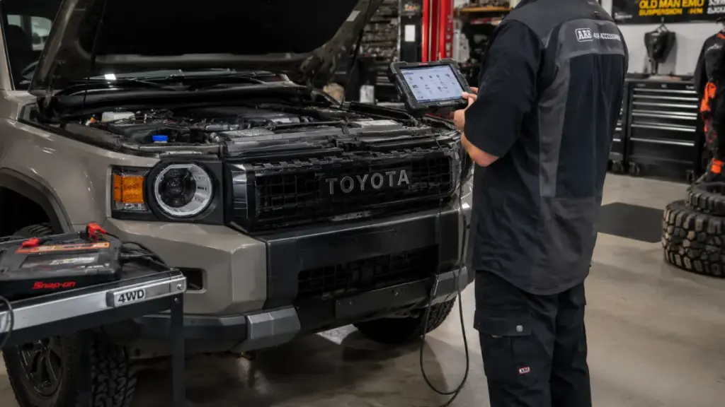 Technician running electronic diagnostic checks on a hybrid Toyota Land Cruiser