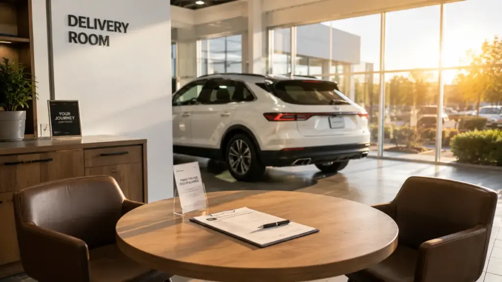 Tesla Recall Lemon Law consultation in an automotive showroom