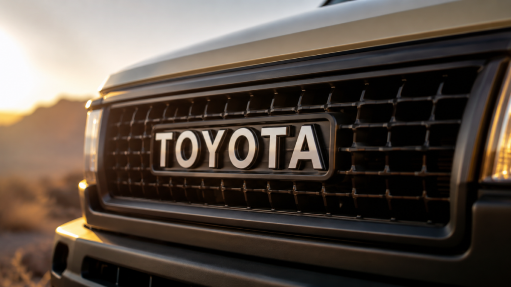 The emblem of a Toyota Land Cruiser FJ SUV highlighting the brand legacy