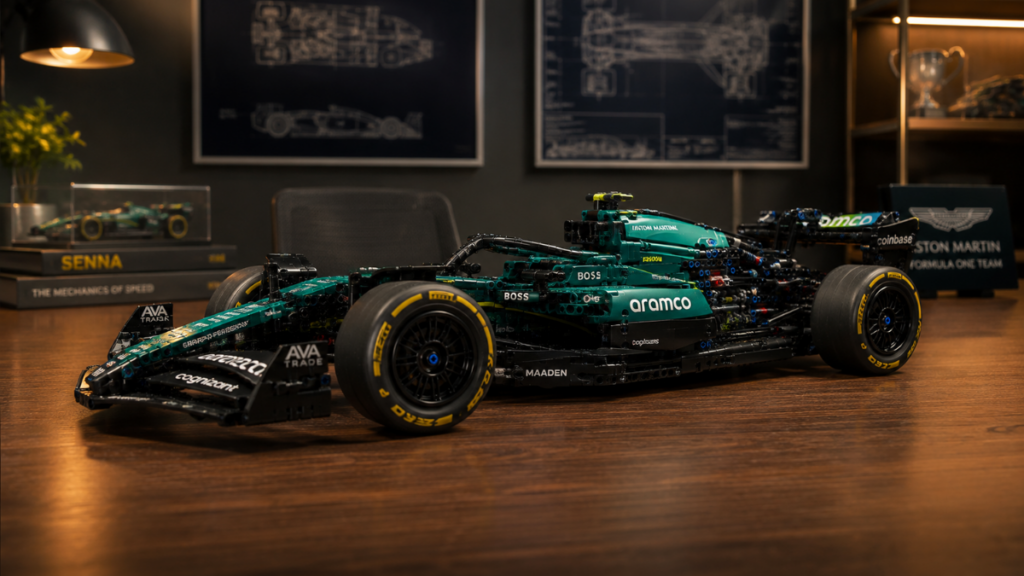 The finished LEGO Technic Aston Martin AMR26 looking ready to race.