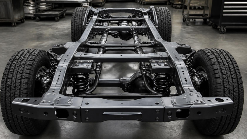 The heavy-duty chassis design of the upcoming Nissan Xterra 2028