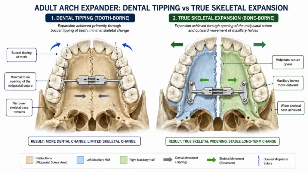 The process of skeletal expansion using an arch expander adults device.