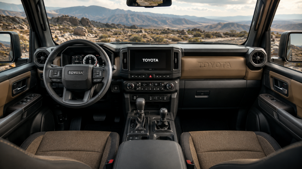 The rugged, functional interior dashboard of a Toyota Land Cruiser FJ SUV