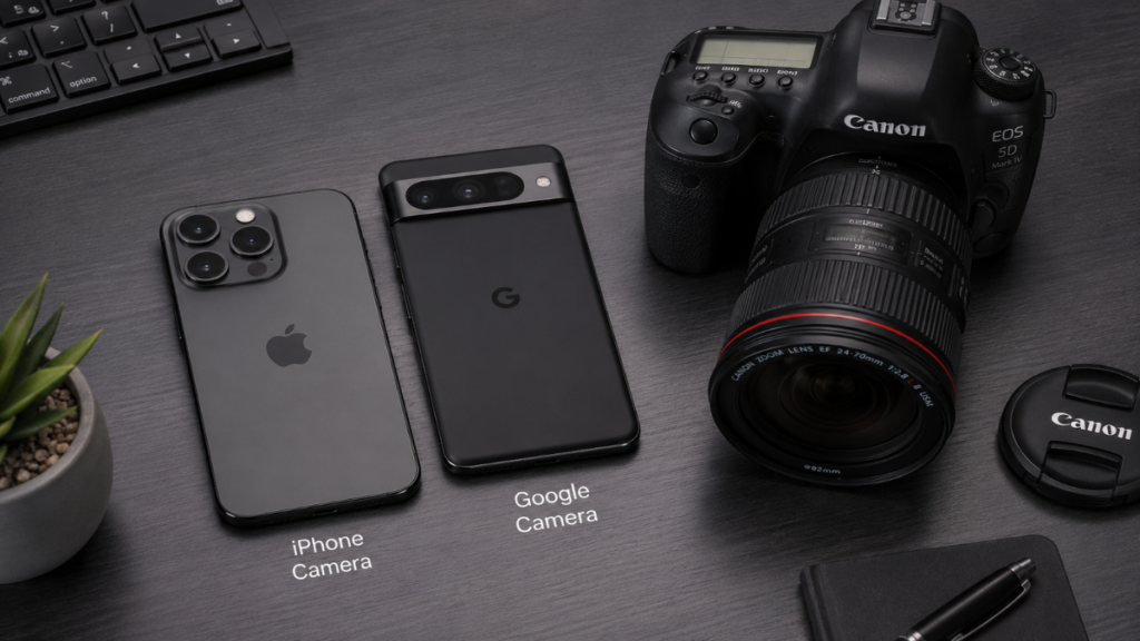 Two smartphones representing Google Camera vs iPhone Camera testing methods