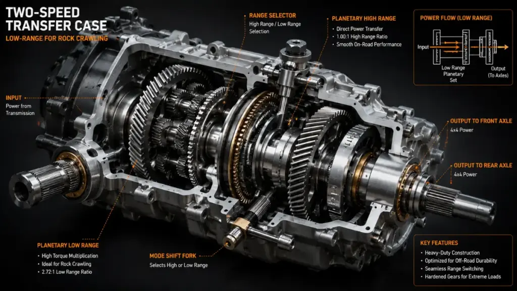 Two-speed 4x4 transfer case mechanism engineered for an Off Road SUV