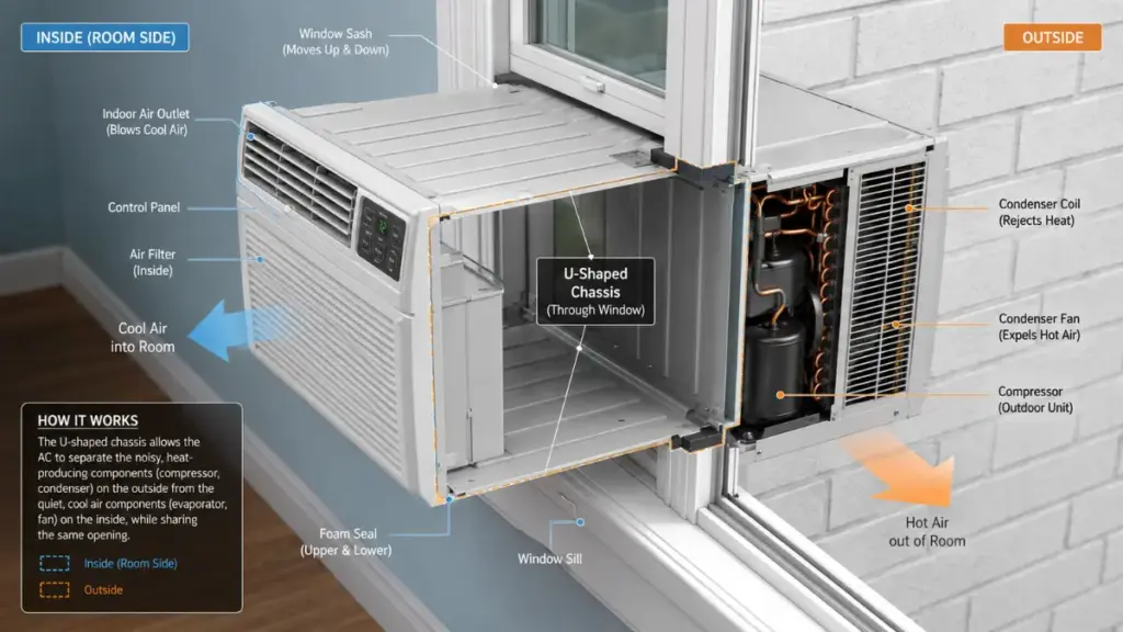 U-shaped window air conditioning unit design for quiet operation.