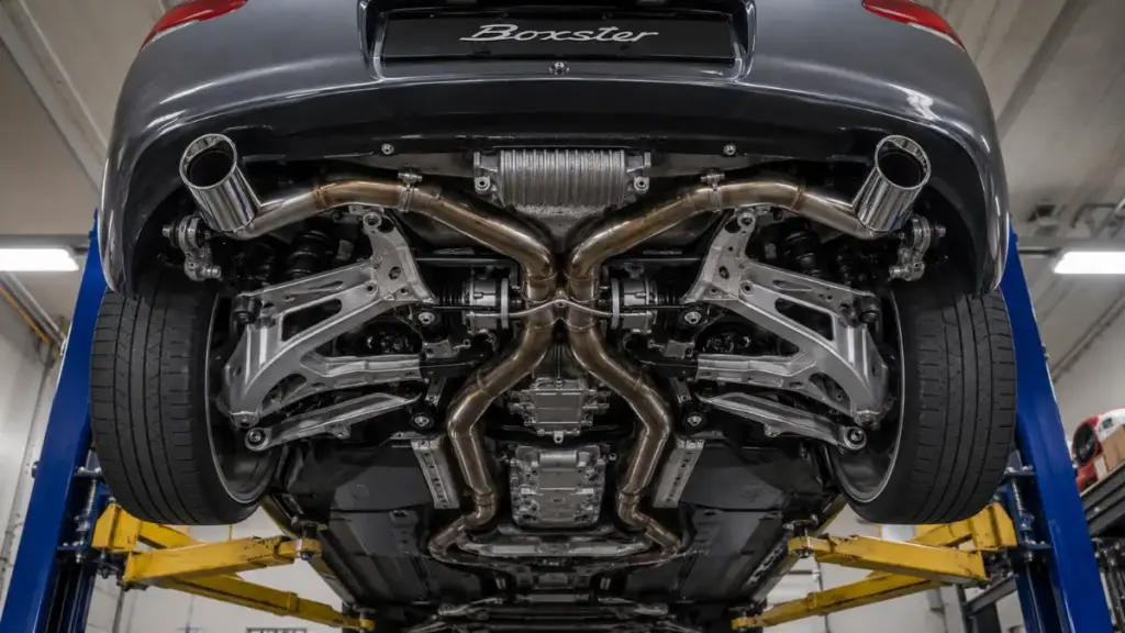 Underbody inspection on a lifted Porsche Boxster showing structural suspension components.