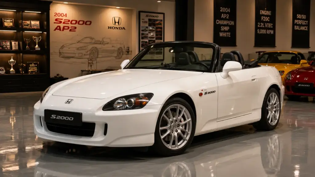 Unmodified white Honda S2000 AP2 standing inside a high-end car collection facility.