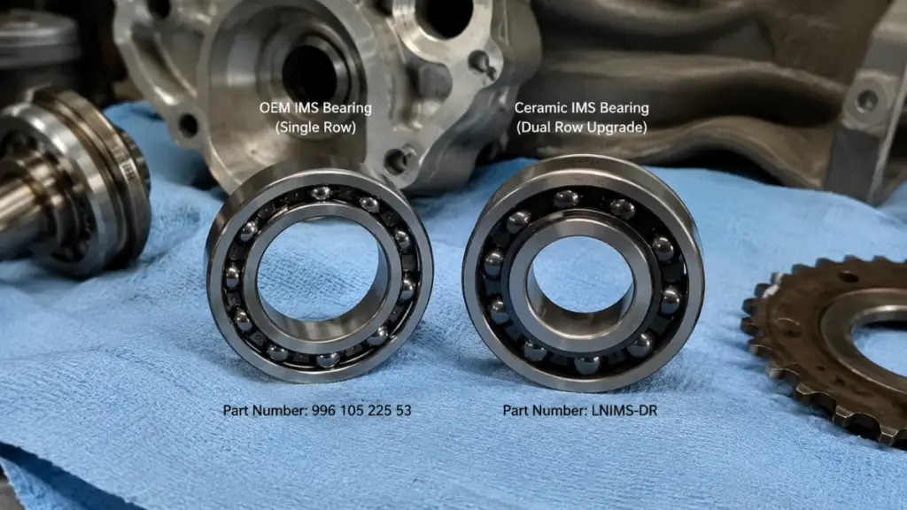 Upgraded ceramic IMS bearing compared with factory unit for Porsche Boxster engine maintenance.