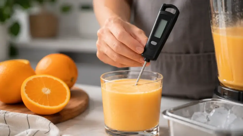 digital-meat-thermometer-probe-checking-the-core-of-a-cold-orange-cream-beverage
