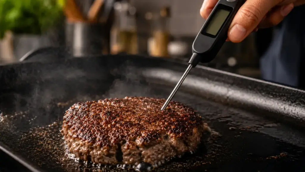digital-meat-thermometer-probe-checking-the-core-of-a-seared-burger-patty