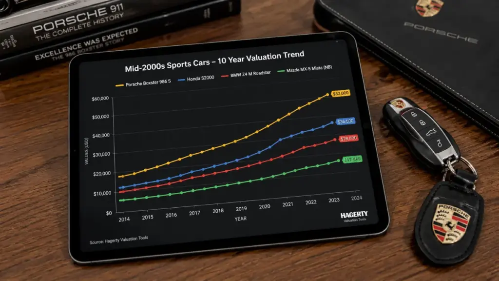 Valuation graph showing used luxury car depreciation curves flattening for a Porsche Boxster.