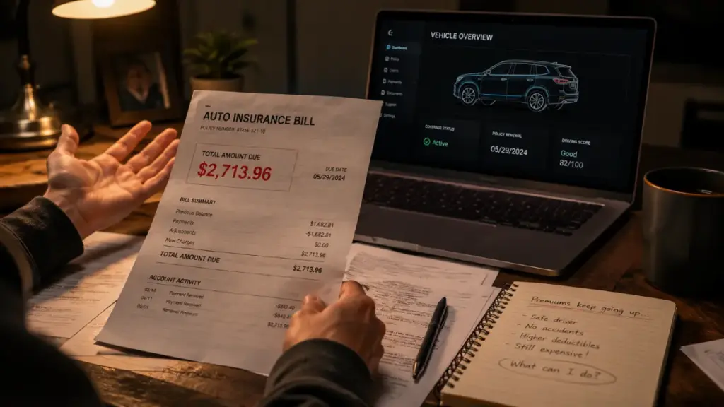 Vehicle owner reviewing an unexpectedly high insurance premium bill for a Chevrolet Silverado