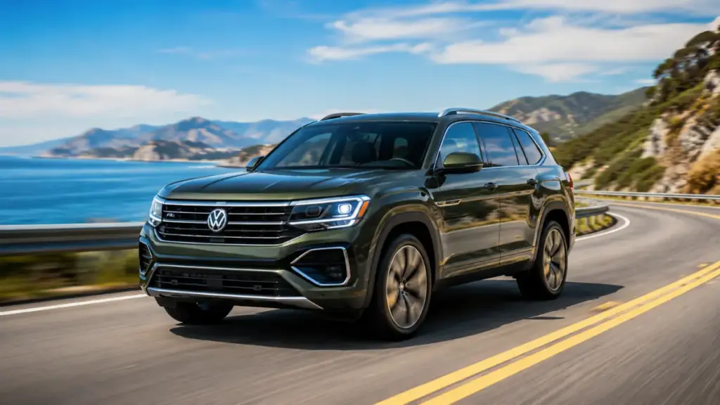 Volkswagen Atlas driving along a scenic coastal road showcasing handling dynamics