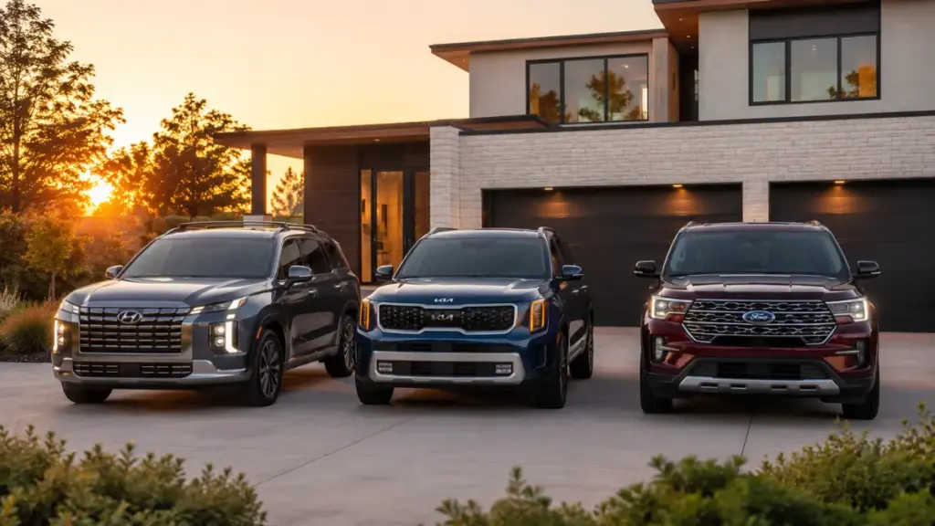 Volkswagen Atlas parked alongside Hyundai Palisade and Kia Telluride in front of a house