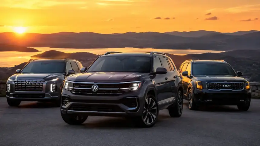 Volkswagen Atlas standing alongside Hyundai Palisade and Kia Telluride on a scenic overlook