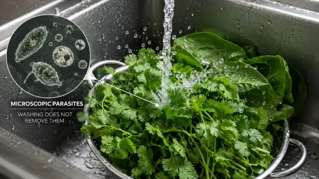Washing produce does not eliminate Cyclosporiasis disease risks.