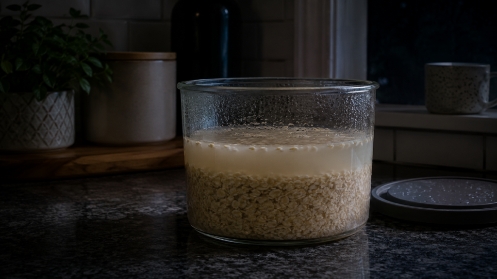 Watery oat mixture left out showcasing overnight oats health risks from improper preparation.