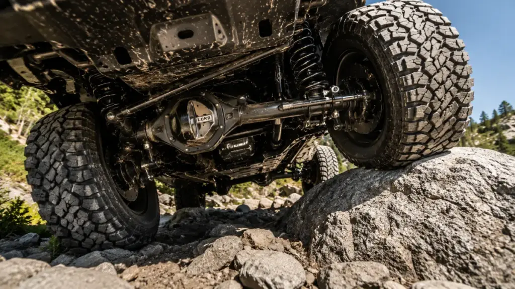 Wheel articulation and instant torque delivery on a technical trail in a Toyota Land Cruiser