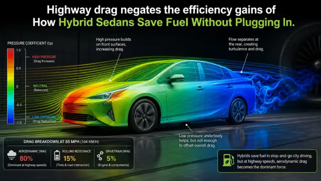 Wind tunnel simulation showing limits of How Hybrid Sedans Save Fuel Without Plugging In on highways.