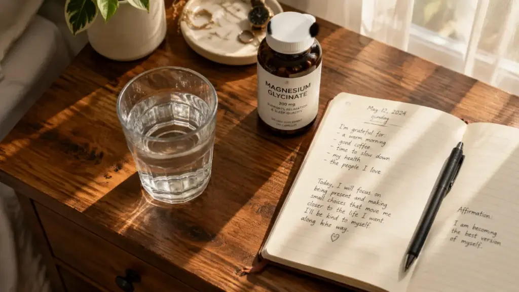 Wooden bedside table with water, supplements, and a journal in warm sunlight Sleep quality.