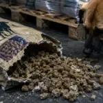 a damaged kibble bag spilling dry kibble on a dark warehouse floor exposing fake dog food