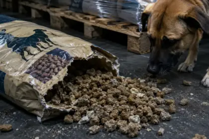 a damaged kibble bag spilling dry kibble on a dark warehouse floor exposing fake dog food