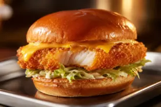 a premium golden brown seafood sandwich with melting cheese on a tray