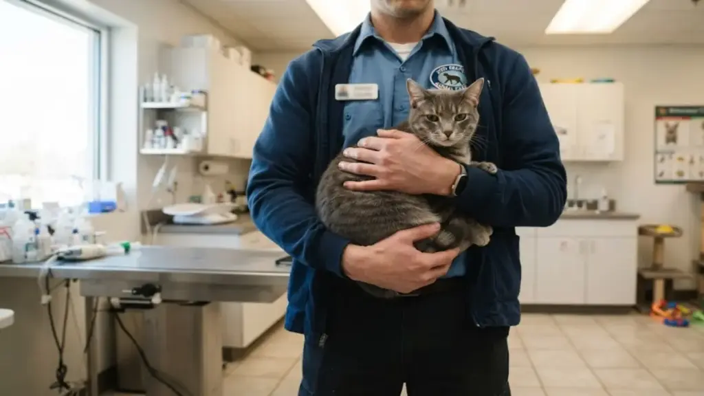 a-professional-zookeeper-holding-a-calm-grey-tabby-cat-in-a-clinic-to-address-feline-aggression-pet