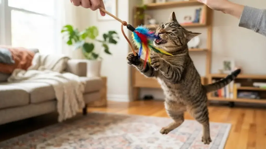 active-young-feline-jumping-to-catch-a-feather-toy-during-playtime-preventing-feline-aggression-pet