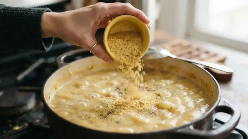 adding-nutritional-yeast-flakes-to-hot-potato-soup-for-vegetarian-meals-recipes