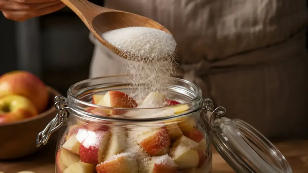 adding-pure-cane-sugar-to-fresh-sliced-apples-in-a-glass-jar-for-apple-acid-vinegar