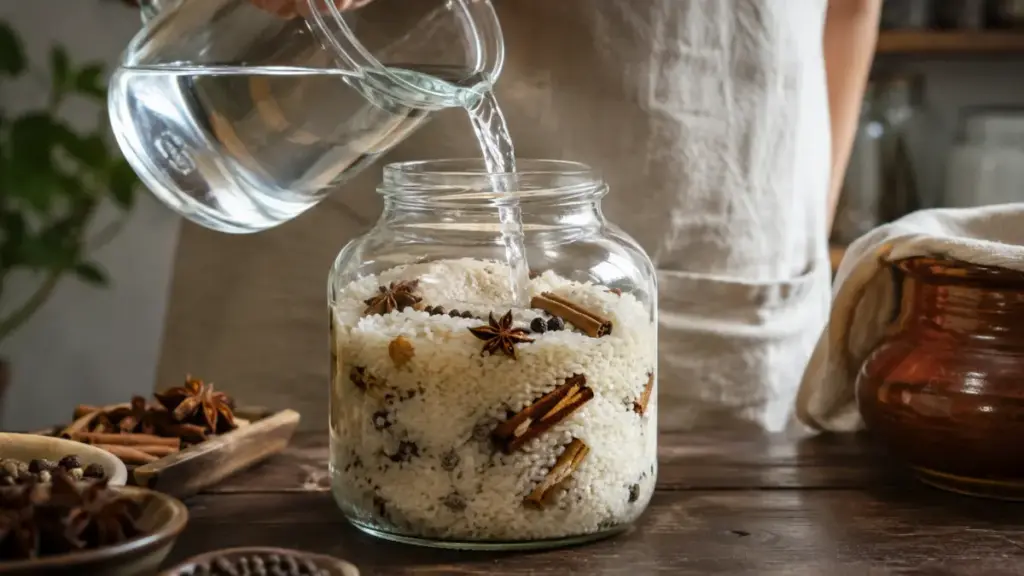 adding-purified-water-and-whole-botanical-spices-to-a-fermented-rice-wine-jar