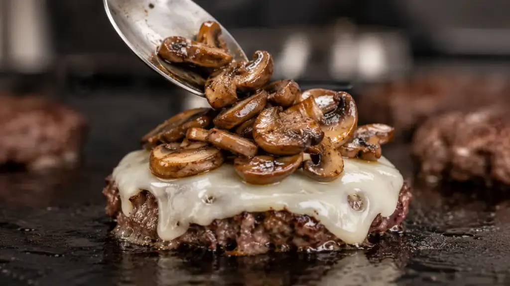 adding-sautéed-mushrooms-to-a-cheeseburger-on-a-hot-skillet