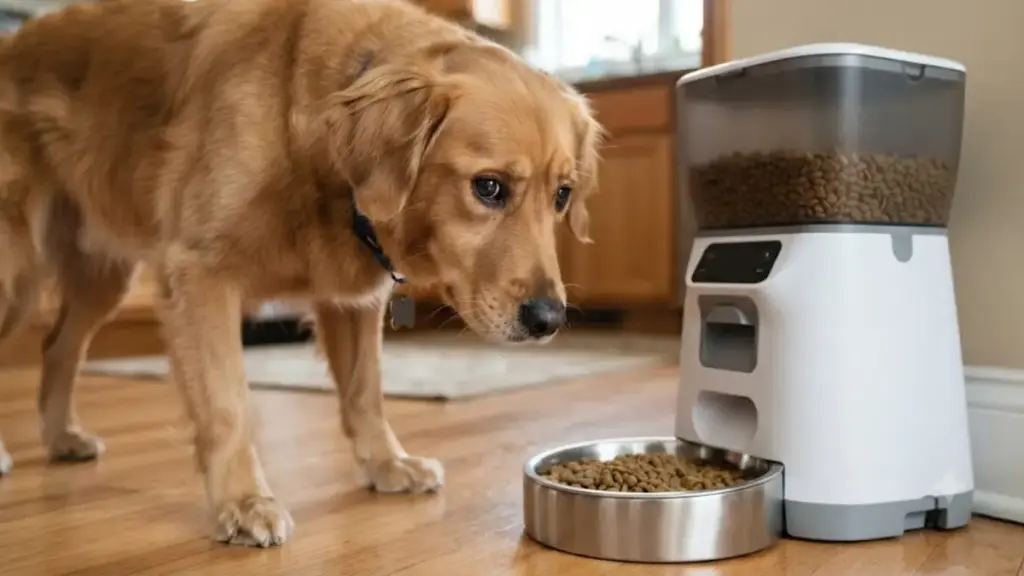 anxious-dog-standing-near-food-dispenser-exhibiting-hesitation-dog