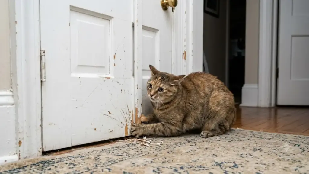 anxious-domestic-cat-scratching-at-the-bottom-of-a-bedroom-door-showing-feline-stress-symptoms