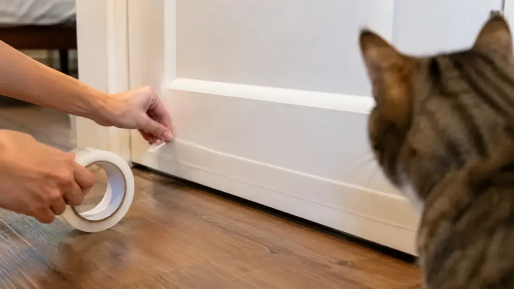 applying-double-sided-sticky-tape-to-a-door-frame-to-deter-scratching