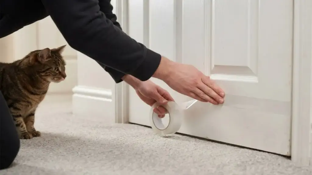 applying-double-sided-sticky-tape-to-a-door-frame-to-prevent-feline-stress-symptoms