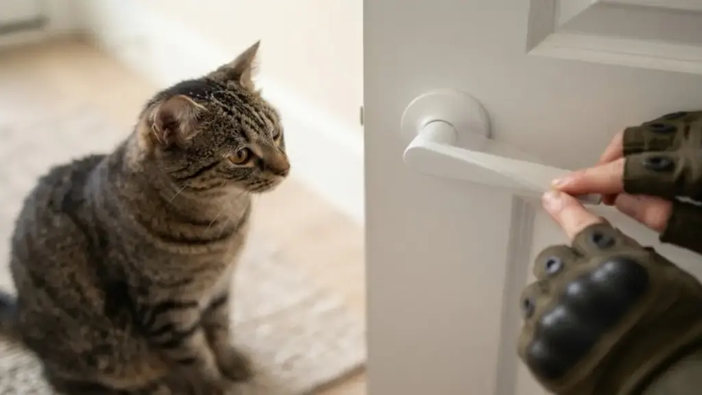 applying-double-sided-sticky-tape-to-a-door-lever-for-cat-training