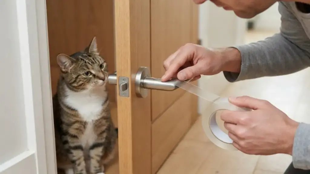 applying-double-sided-sticky-tape-to-a-door-lever-handle-cat