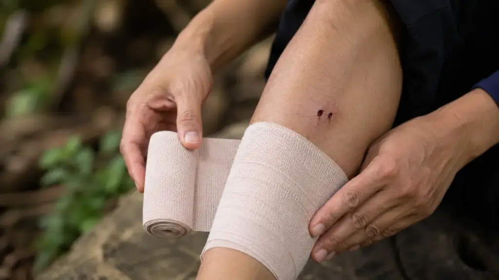 applying-gentle-elastic-compression-bandage-for-snake-bite-first-aid