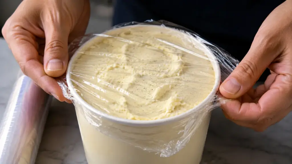 applying-plastic-wrap-over-the-surface-of-an-open-ice-cream-pint