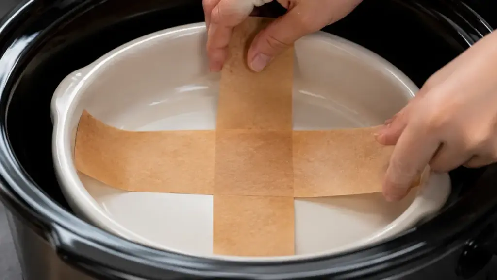 arranging-interlocking-parchment-paper-strips-inside-a-countertop-cooking-pot