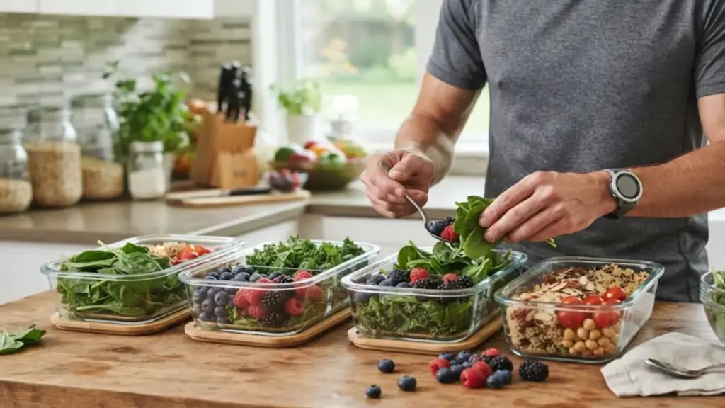 athlete-arranging-fresh-vegetables-and-berries-in-glass-containers