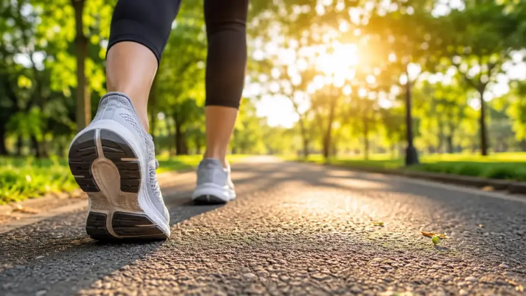 athlete-feet-in-walking-shoes-striding-along-a-path