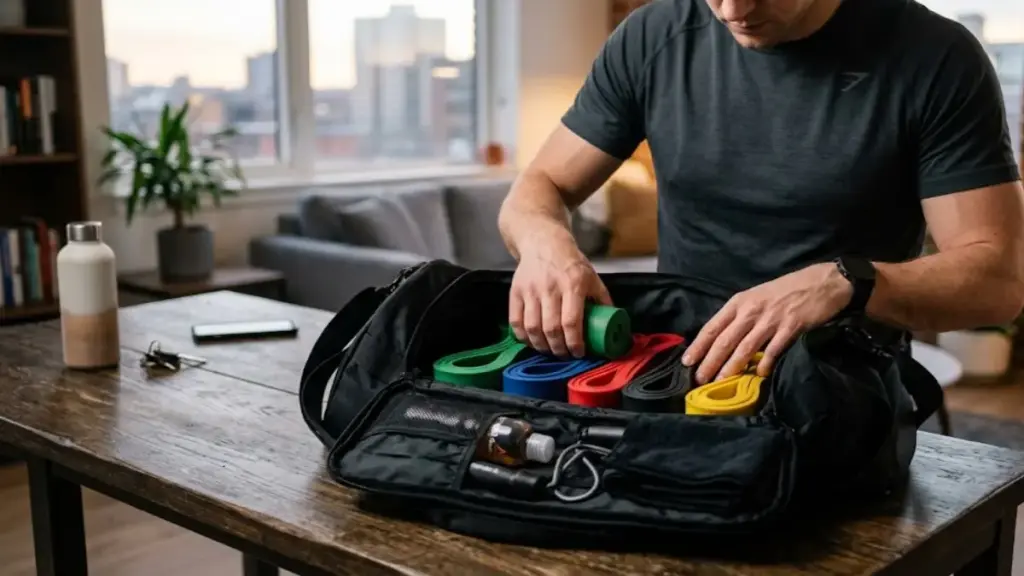athlete-organizing-resistance-bands-in-a-gym-bag